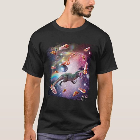 Galaxy Flamingo Riding Dinosaur In Space  Rainbow Tシャツ (正面)