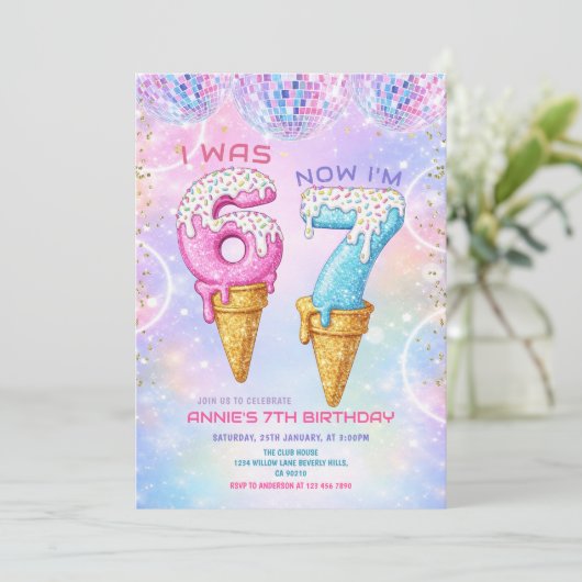 Galaxy Glitter Disco Ball 7 Birthday Ice Cream  招待状 (スタンド正面)