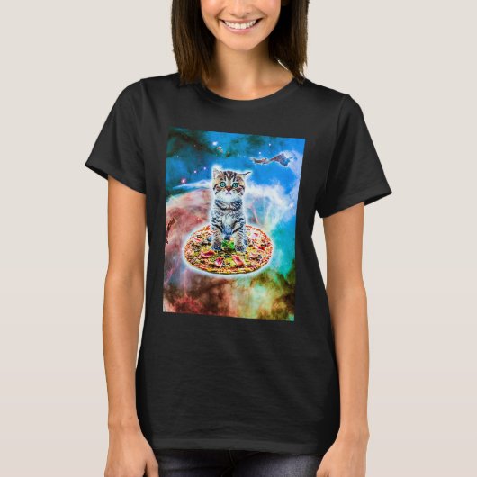Galaxy Kitty Cat Riding Pizza In Space Tシャツ (正面)