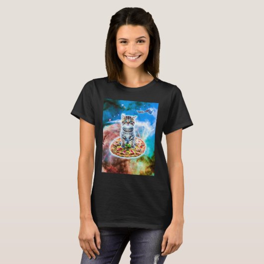 Galaxy Kitty Cat Riding Pizza In Space Tシャツ (正面フル)