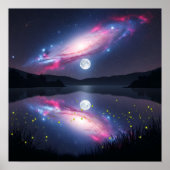 Galaxy Over Moonlit Lake with Cosmic Reflection ポスター (正面)
