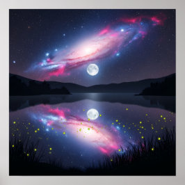 Galaxy Over Moonlit Lake with Cosmic Reflection ポスター