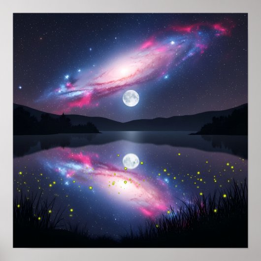 Galaxy Over Moonlit Lake with Cosmic Reflection ポスター (正面)