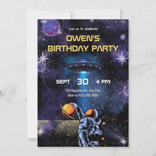 Galaxy Planet Astronaut moon birthday 招待状 (正面)