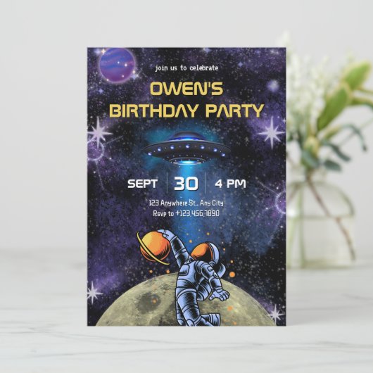Galaxy Planet Astronaut moon birthday 招待状 (スタンド正面)