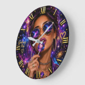 Galaxy Pop Art Cosmic Woman Portrait with lollipop ラージ壁時計 (傾斜)