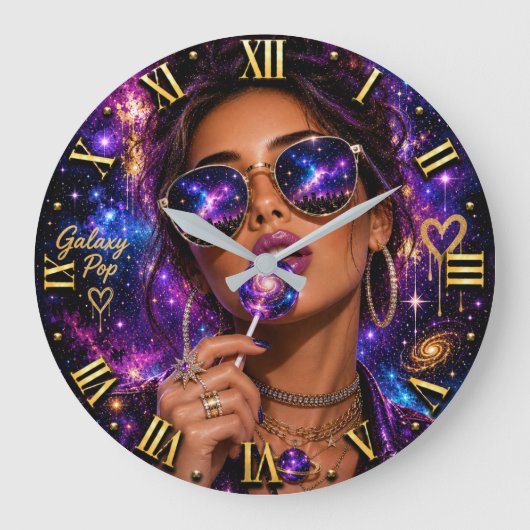 Galaxy Pop Art Cosmic Woman Portrait with lollipop ラージ壁時計 (正面)