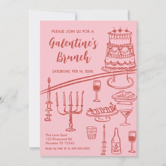 Galentine Brunch red & pink Party Invitation 招待状 (正面)