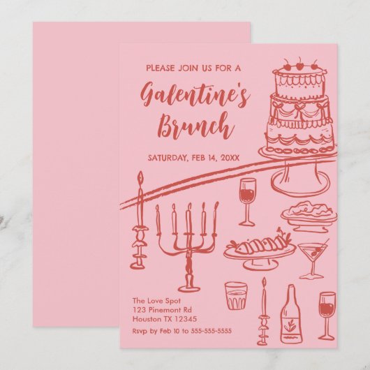 Galentine Brunch red & pink Party Invitation 招待状 (正面/裏面)