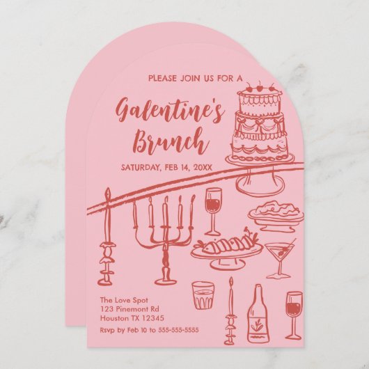 Galentine Brunch red & pink Party Invitation 招待状 (正面/裏面)