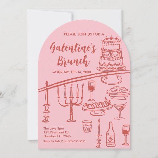 Galentine Brunch red & pink Party Invitation 招待状 (正面)