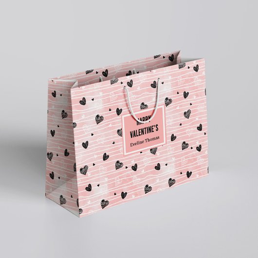 Galentine Gift Bag Pink Black Hearts Love Letterin ラージペーパーバッグ