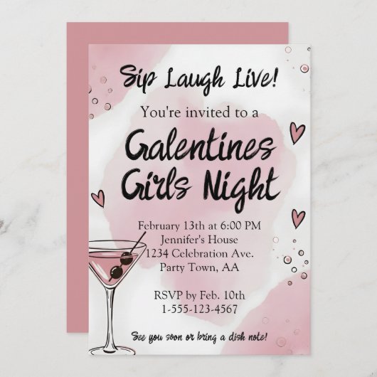 Galentine Girls Night Out Martini Pink and Black 招待状 (正面/裏面)