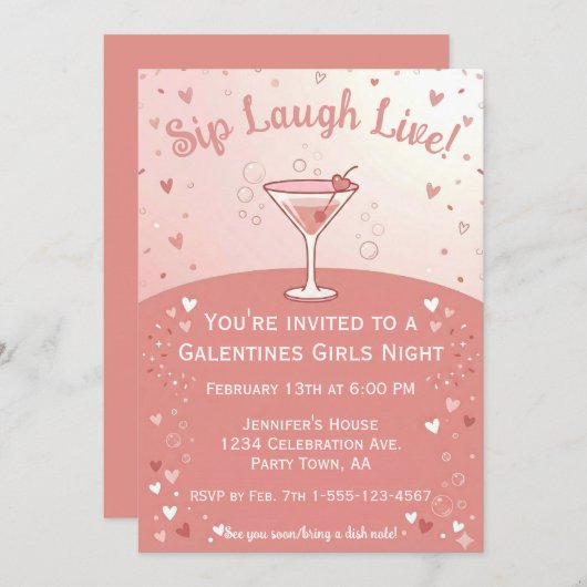 Galentine Girls Night Out Sip Laugh Live in Pink  招待状 (正面/裏面)