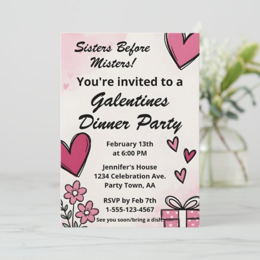 Galentine Pink Sisters Before Misters Dinner Party 招待状 (スタンド正面)