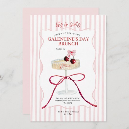 Galentine’s Day Brunch Cherry Champagne 招待状 (正面/裏面)