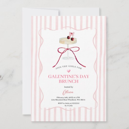Galentine’s Day Brunch Invitation | Pink Stripe 招待状 (正面)