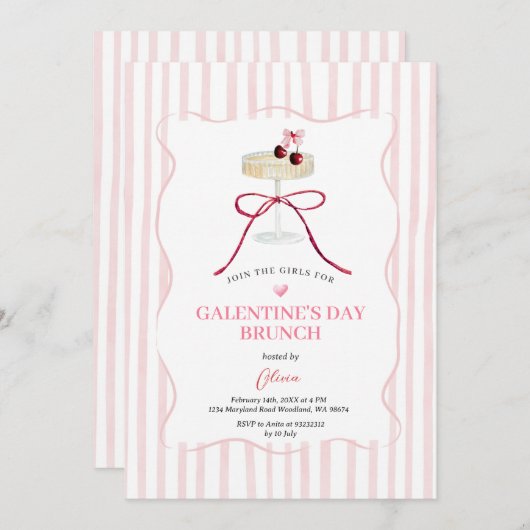 Galentine’s Day Brunch Invitation | Pink Stripe 招待状 (正面/裏面)