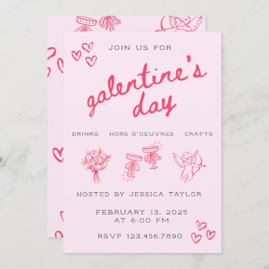 Galentine’s Day Valentines Girly Invitation 招待状 (正面/裏面)