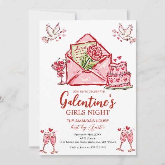 Galentine’s Girls Night Party Valentine 招待状 (正面)