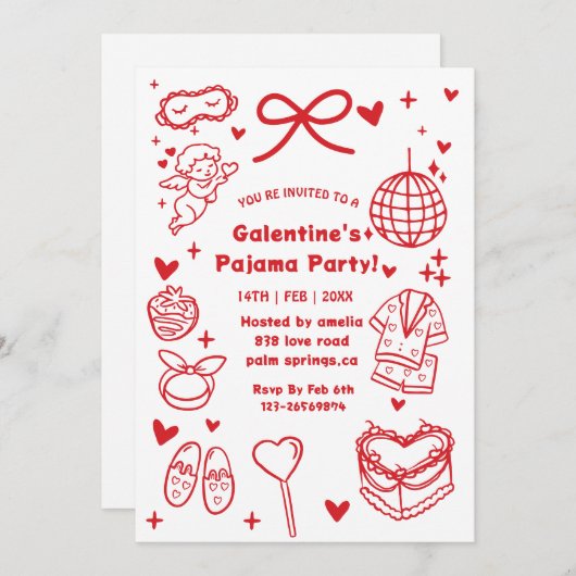 Galentine’s Pajama, Night Valentine Hand Drawn  招待状 (正面/裏面)