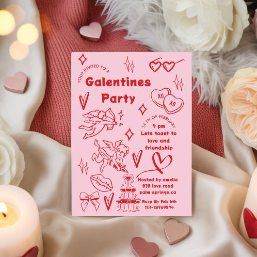 Galentine’s Party, Girls Galentine’s Hand Drawn In 招待状