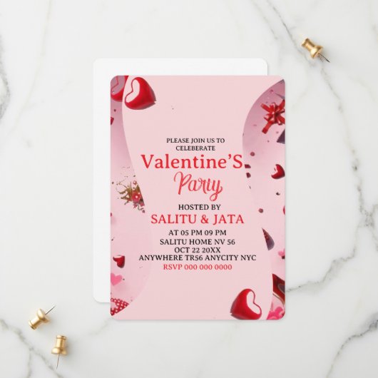 Galentine’s Party Invitation, Pink Heart & Bow Bir セーブザデート (正面/裏面インサイチュ)