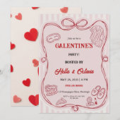 Galentine’s Party Invitation Printable, Pink & Red 招待状 (正面/裏面)