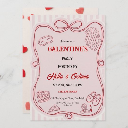 Galentine’s Party Invitation Printable, Pink & Red 招待状 (正面/裏面)