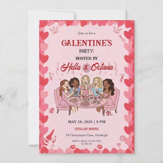 Galentine’s Party Invitation Printable, Pink & Red 招待状 (正面)