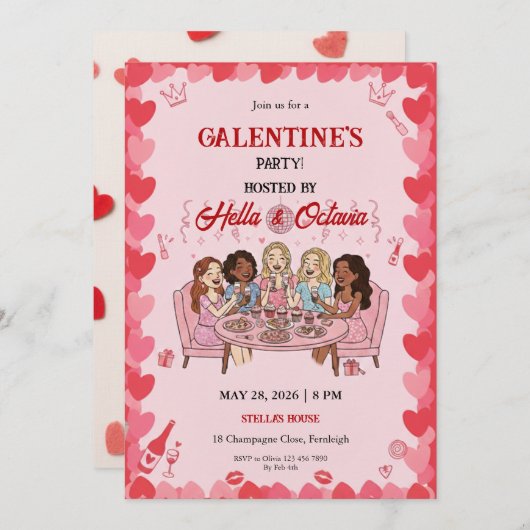 Galentine’s Party Invitation Printable, Pink & Red 招待状 (正面/裏面)