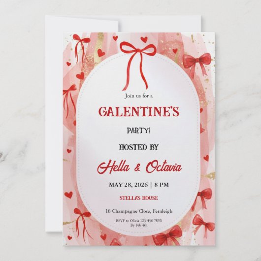 Galentine’s Party Invitation Printable, Pink & Red 招待状 (正面)