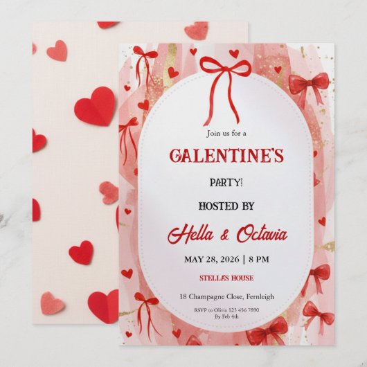 Galentine’s Party Invitation Printable, Pink & Red 招待状 (正面/裏面)