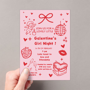 Galentine’s Party Night Valentine 手描きデザイン アクリル招待状