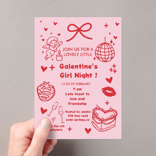 Galentine’s Party Night Valentine 手描きデザイン アクリル招待状 (インサイチュ (ポータブル))