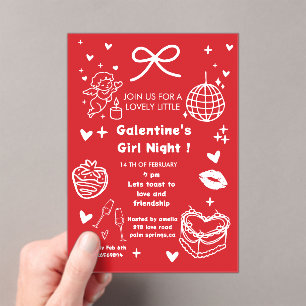 Galentine’s Party Night Valentine 手描きデザイン アクリル招待状