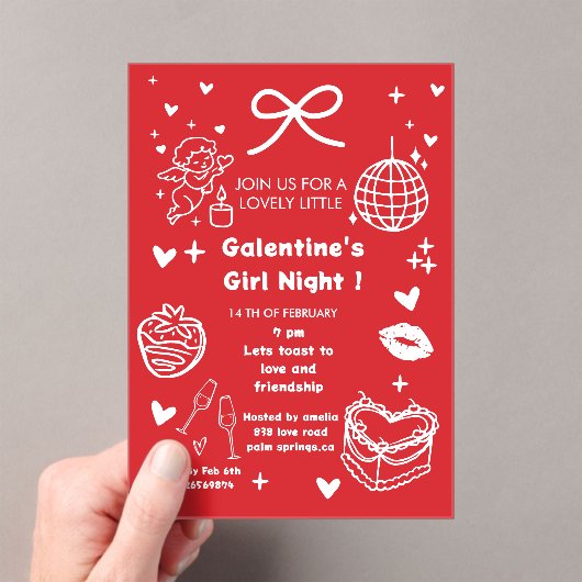 Galentine’s Party Night Valentine 手描きデザイン アクリル招待状 (インサイチュ (ポータブル))