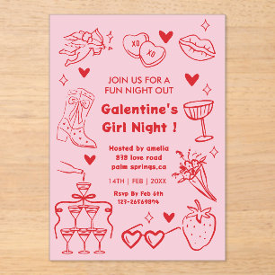 Galentine’s Party Night Valentine 手描きデザイン アクリル招待状