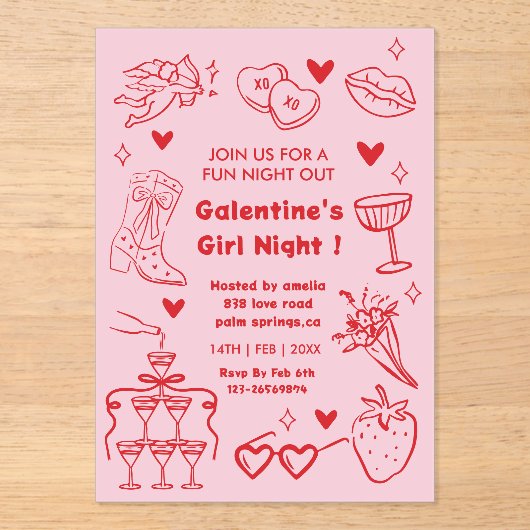 Galentine’s Party Night Valentine 手描きデザイン アクリル招待状 (正面)