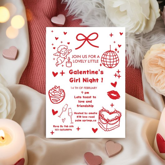 Galentine’s Party Night Valentine 手描きデザイン 招待状