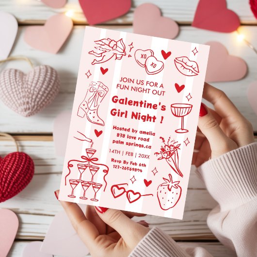Galentine’s Party, Night Valentine Hand Drawn  招待状