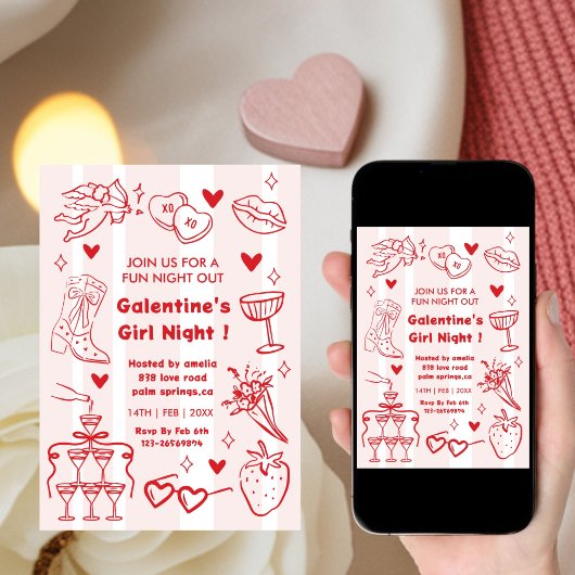 Galentine’s Party, Night Valentine Hand Drawn  招待状