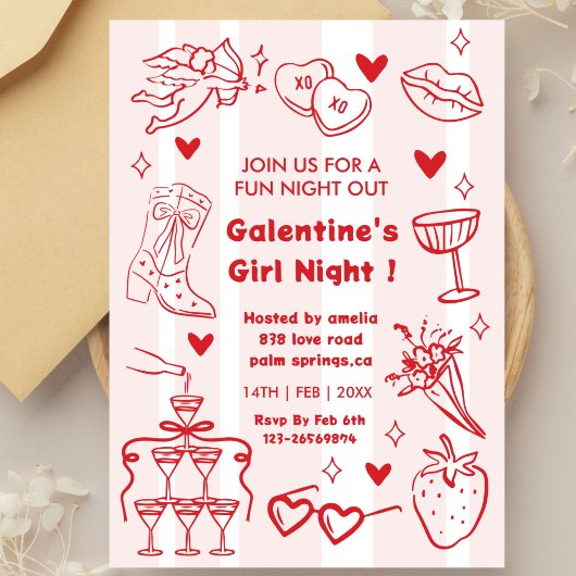 Galentine’s Party, Night Valentine Hand Drawn  招待状