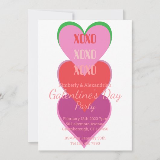 Galentine's Day パーティーハートのタイポグラフィーデザイン 招待状 (正面)