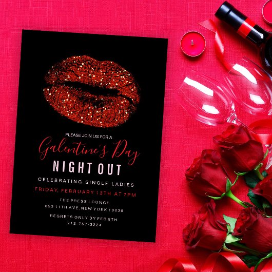 Galentine's Day パーティー レッドグリッター リップ 招待状