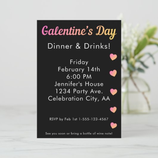 Galentines Day Dinner Drinks Pink Black Party 招待状 (スタンド正面)
