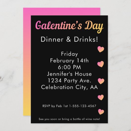 Galentines Day Dinner Drinks Pink Black Party 招待状 (正面/裏面)
