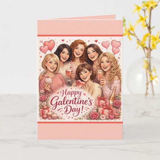 Galentine's Day Greeting Card, Six Girlfriends カード (黄色い花)