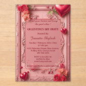 Galentines Day Party Heart Floral Pastel Pink Vine アクリル招待状 (正面)