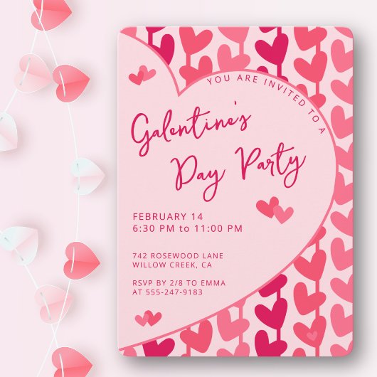 Galentine's Day Party Red Pink Hearts Modern 招待状